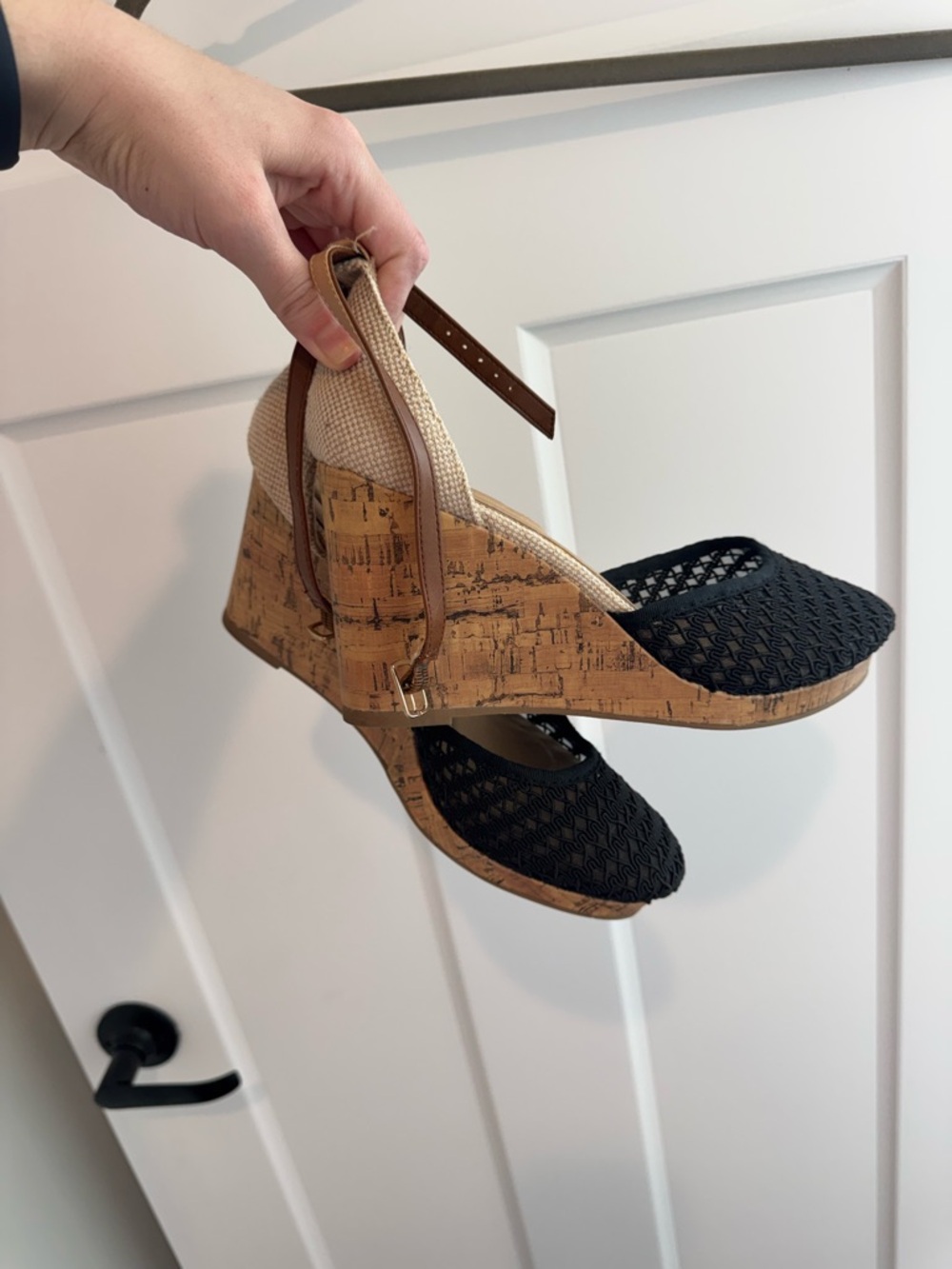 Apt. 9 Black Woven Cork Wedge Sandals with Brown Ankle Strap